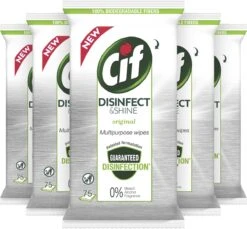 Cif Disinfect & Shine Wipes Doden 99,99% Van De Bacteriën Original Desinfecterende Schoonmaakdoekjes, Van 100% Biologisch Afbreekbaar Textiel 5 X 75 Doekjes -HG Schoonmaak Verkoop 1200x1111