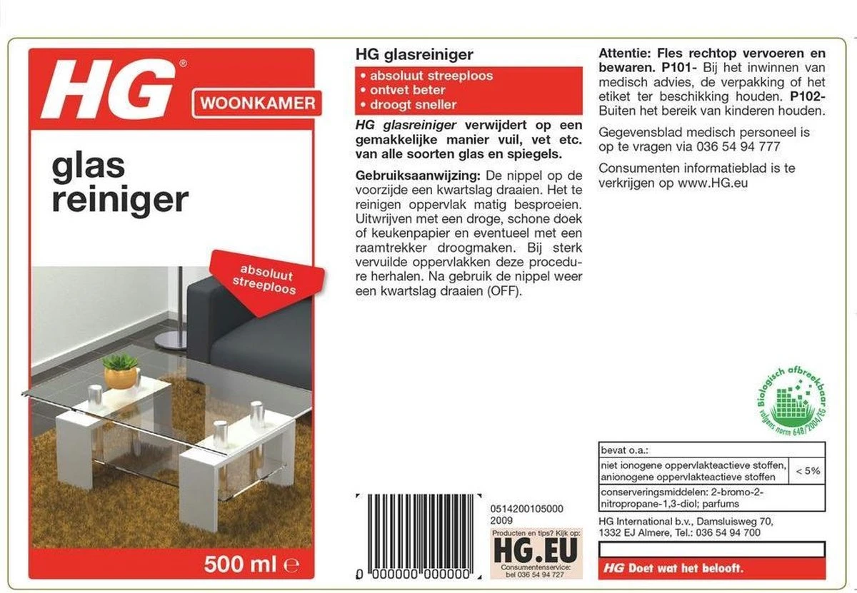 HG Glasreiniger - 500ml - 100% Streeploze Glans - Snel Droog 2 HG Glasreiniger - 500ml - 100% Streeploze Glans - Snel Droog - Afbeelding 2
